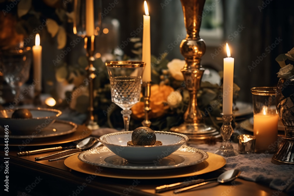 Fototapeta premium Elegant table setting with candles in restaurant. Selective focus. Romantic dinner setting with candles on table in restaurant.