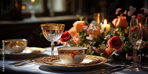  Elegant table setting with beautyful flowers, candles and wine glasses in restaurant.
