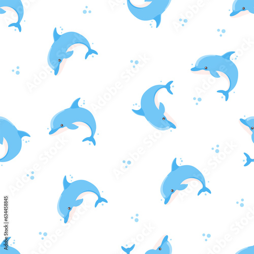 Seamless vector pattern on white background. Cute blue dolphins and water bubbles . Vector illustration