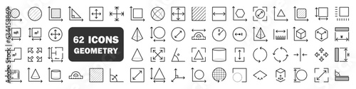 Geometric symbols collection. Vector set of linear geometry icons. Dimension, area and perimeter measure concept. Square, perimeter, distance and diameter icons.