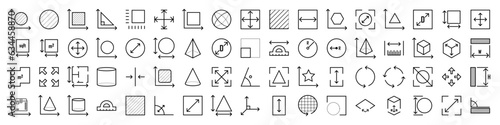 Dimension, area and perimeter measure concept. Vector set of linear geometry icons. Geometric symbols collection. Square, perimeter, distance and diameter icons.