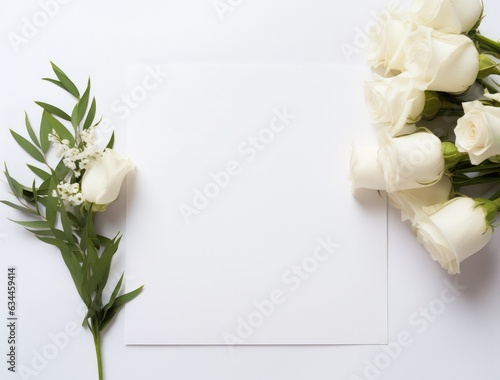 Wedding invitation card template. Top view blank paper card, ribbon, golden rings, flowers on white background