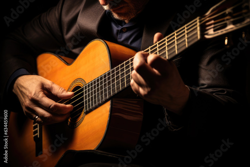 Eldery man in classical suit playing acoustic guitar. Spanish traditional live music performance