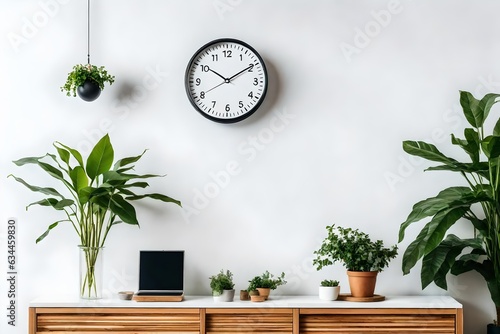 stunning view of interior of a room having big wall clock and some  room plants  ai generated 