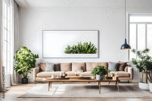 modern living room with furniture and white portrait of plant on wall ai generated