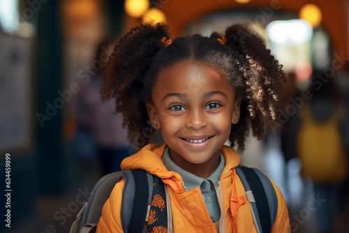 portrait of an African-American girl smiling at the camera, is on the street, a school backpack on her shoulders. back to school