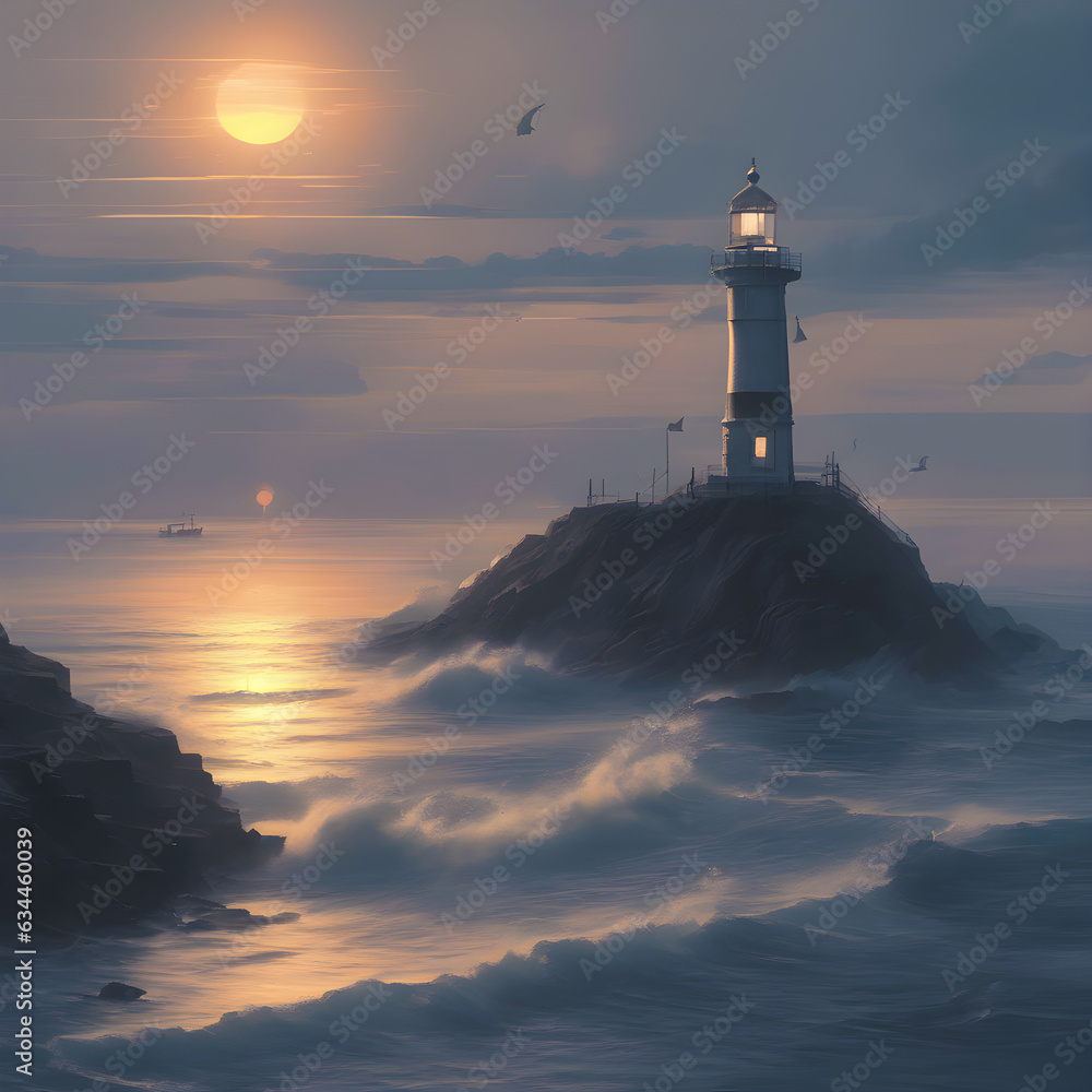 Lighthouse in the sea at sunset. 3d render illustration. Generative AI