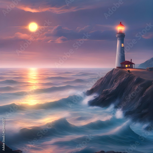 Lighthouse in the sea at sunset. 3d render illustration. Generative AI
