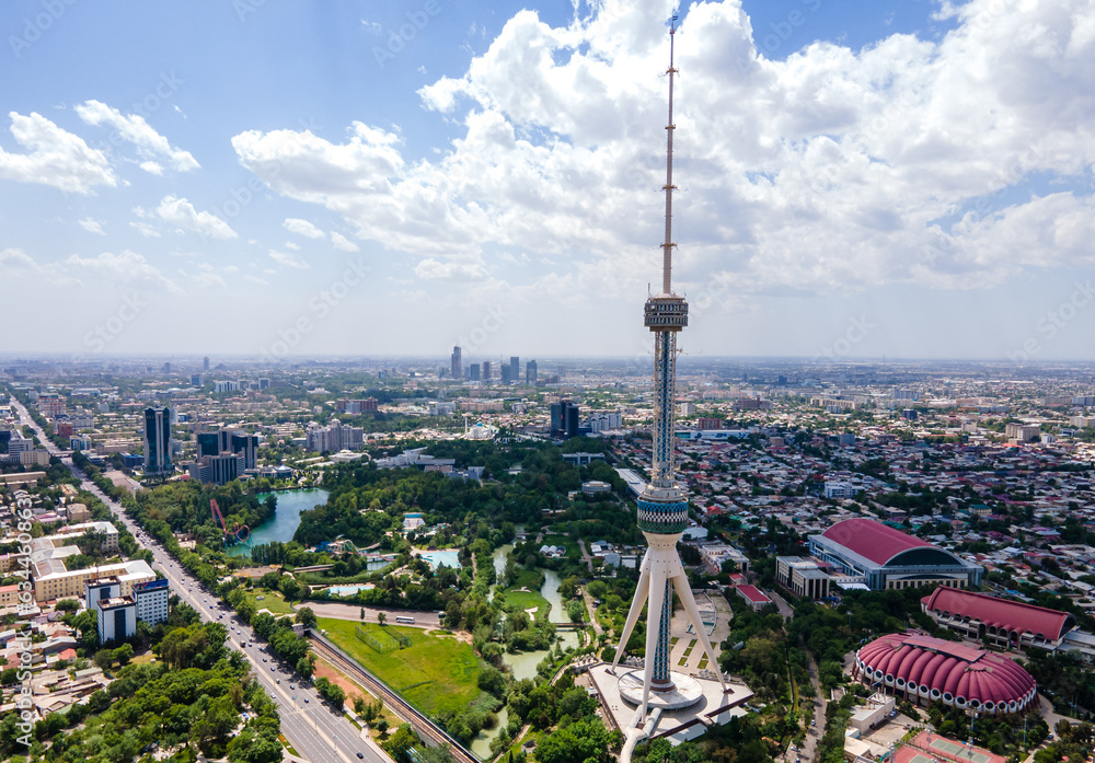 Fototapeta premium Aerial Shot of Tashkent TV Tower in Uzbekistan daytime