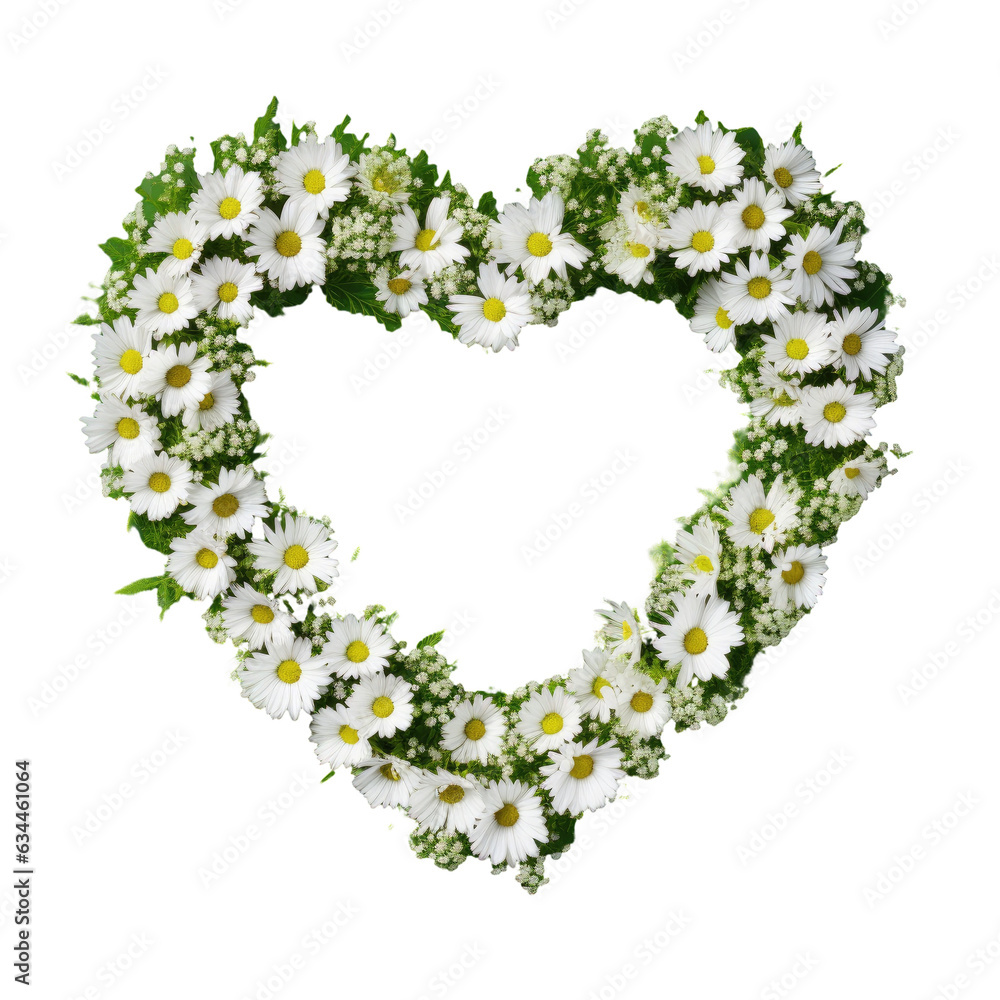 White daisy flowers shaped like a heart on green artificial grass beautiful transparent background with space top view flat lay