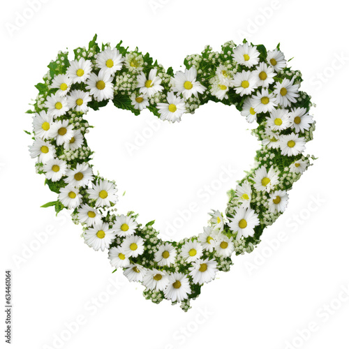 White daisy flowers shaped like a heart on green artificial grass beautiful transparent background with space top view flat lay