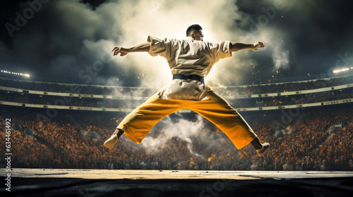 Karateka in dynamic motion executes a high kick, surrounded by an enthusiastic audience at the stadium. World Karate Championship. Banner. Generative Ai content photo