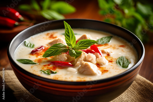 Close up of Tom Kha Gai chicken in coconut soup photo