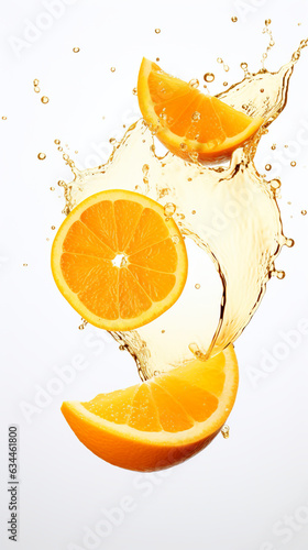 Oranges and orange slices falling into the r with a splash of orange juice.