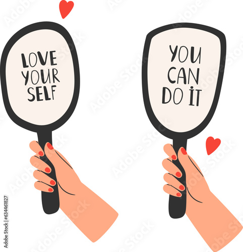 Self acceptance concept, love yourself. Self esteem vector illustration.Happy mans hand holding a mirror