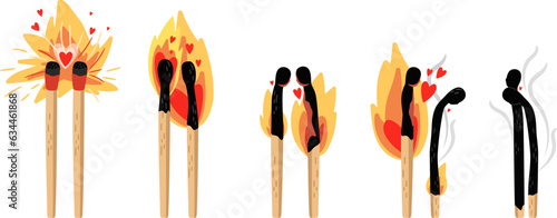 Set of burning match. Sequence steps of combustion. Wood matchstick with sulfur head, flaming stages from ignition to extinction