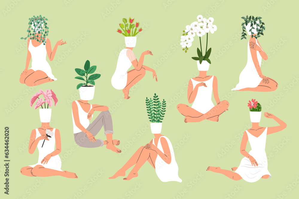 Women with Houseplants in flower pots instead of a head, garden hobby Women with Houseplants in flower pots instead of a head, garden hobby