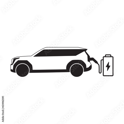 Electric Car plugged to charge, Car plugged to charge, charging vector illustration. Electric vehicle symbol. EV charging station flat icon. Place to charge battery of electromobile. Contai