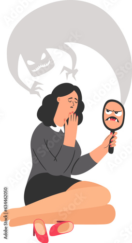 Young woman sees a terrible reflection of low self-esteem in the mirror. Upset sad person holding a mirror in the hand. Lack of self-love, dysmorphophobia