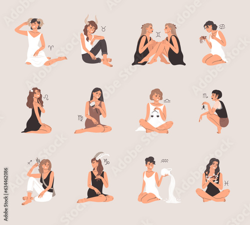 Zodiac collection set with beautiful woman characters in female astrology concept, astrological signs symbols with girls in vector graphic illustrations