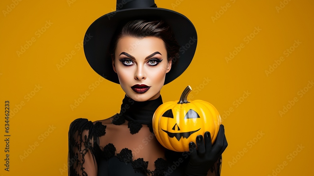 Magician woman wearing black costume and halloween makeup holding carved pumpkin, isolated over yellow background Generative AI