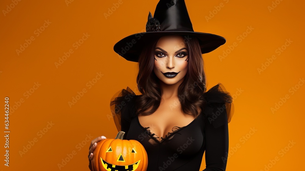 Fototapeta premium Magician woman wearing black costume and halloween makeup holding carved pumpkin, isolated over yellow background Generative AI