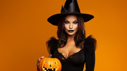 Magician woman wearing black costume and halloween makeup holding carved pumpkin, isolated over yellow background Generative AI