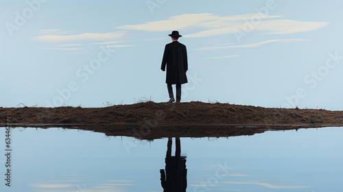 A man standing on top of a hill next to a body of water.