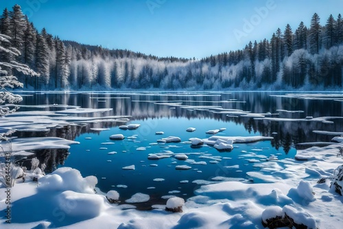 majestic view of landscape with lake and mountains in winter season  ai generated  © shammor