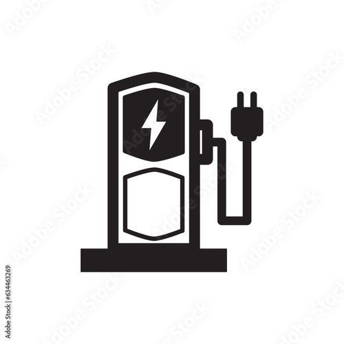Electric vehicle recharging point. Flat icon of Place to charge battery of electromobile, icon Electric vehicle symbol. Natural fuel. Contour symbol. Vector illustration isolated in white background.