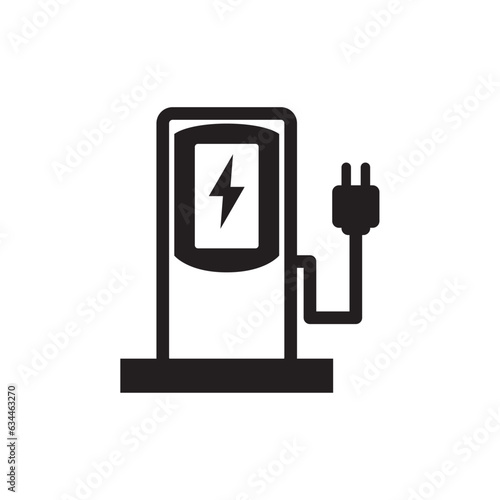 Flat icon of Place to charge battery of electromobile, Electric car charging station icon. Symbols of an electric car at a gas station Electric vehicle symbol. Natural fuel. Contour symbol. Vector