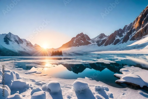 sunrise over the mountains and the frozen lake 