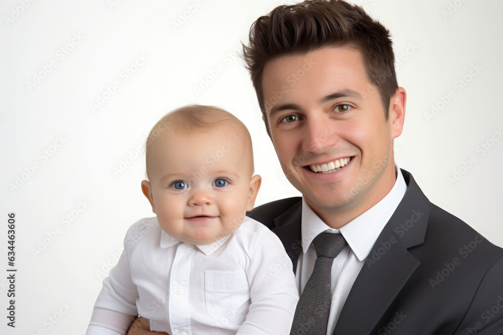 business man's face lights up with a warm smile and looking affectionately at his child. They share a joyful moment, embodying harmony of professional success and patural love of a father business man's face lights up with a warm smile and looking affectionately at his child. They share a joyful moment, embodying harmony of professional success and patural love of a father