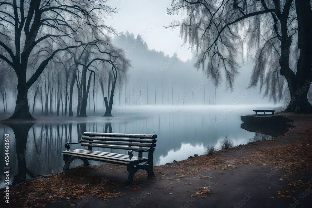 bench in the foggy morning ai generatde 