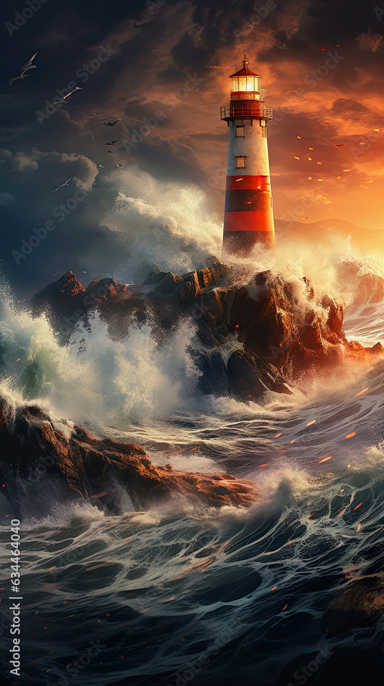 illustration of a lighthouse in a stormy sea