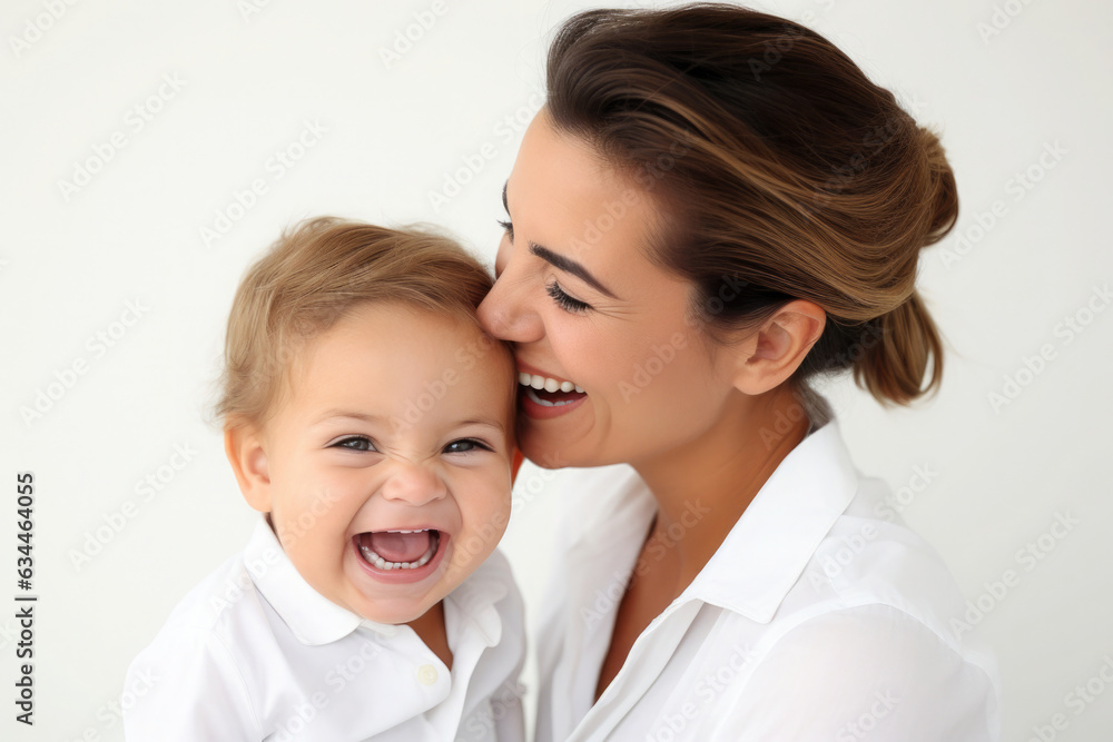 A business woman's face lights up with a warm smile and looking affectionately at her child. They share a joyful moment, embodying harmony of professional success and matural love. A business woman's face lights up with a warm smile and looking affectionately at her child. They share a joyful moment, embodying harmony of professional success and matural love.
