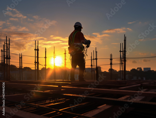 Fotografía de un obrero en construcción al amanecer, silueteado contra el sol naciente. photo