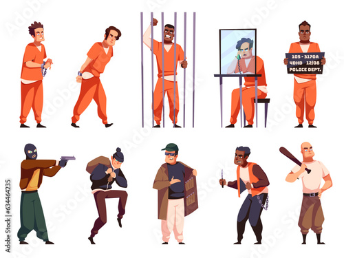 Cartoon criminal characters on outside and in prison. Robber, fraudster, dealer and hooligan, armed men, people in orange jumpsuits sitting in jail cage, law and punishment, tidy vector set