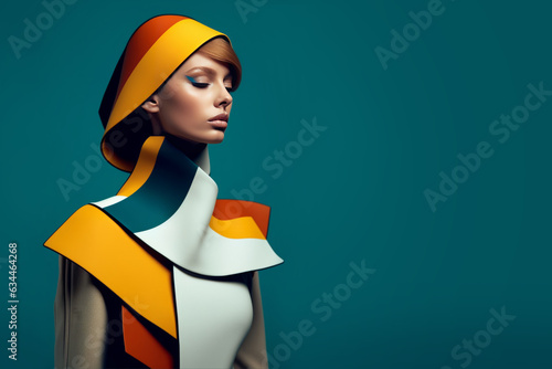 Portrait of a beautiful girl in colorful futuristic clothes. Costume, fashion, colorblocking design.