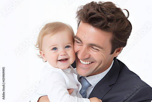 business man's face lights up with a warm smile and looking affectionately at his child. They share a joyful moment, embodying harmony of professional success and patural love of a father
