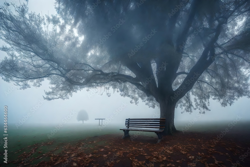 Φωτογραφία the majestic view of bench in the park in foggy morning ai generated