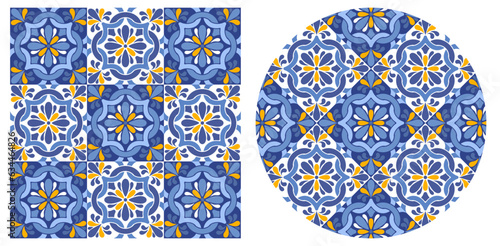 Azulejo mosaic seamless patterns with floral motifs, blue and white colors. Mediterranean, Portuguese, Spanish traditional vintage ceramic tilework, arabesque ornament. Vector illustration