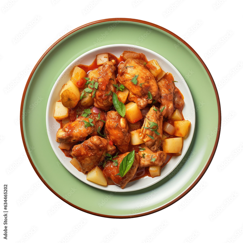 Chicken goulash on a plate viewed from above with transparent background Chicken goulash on a plate viewed from above with transparent background