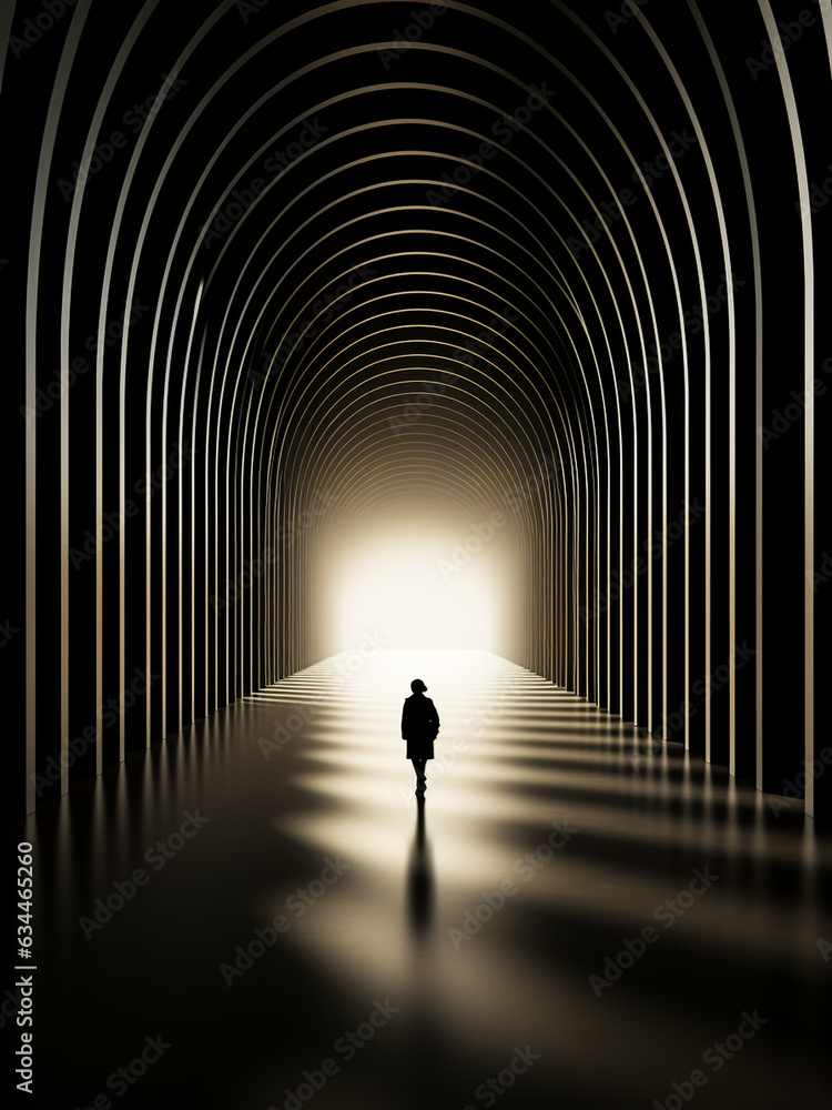 Silhouette of a person in a tunnel filled with light. AI generated