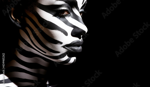 Fantasy face painting, zebra look, in white and black. AI generated