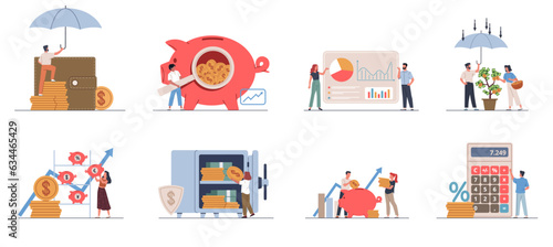 Financial management. Budget planning and financial literacy, people save, count and invest money, costs calculation, profit analysis, business concept, nowaday vector cartoon flat set