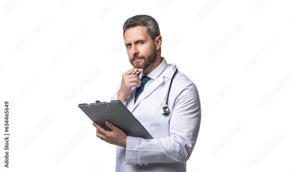 pondering internist with anamnesis on background. photo of internist with anamnesis.