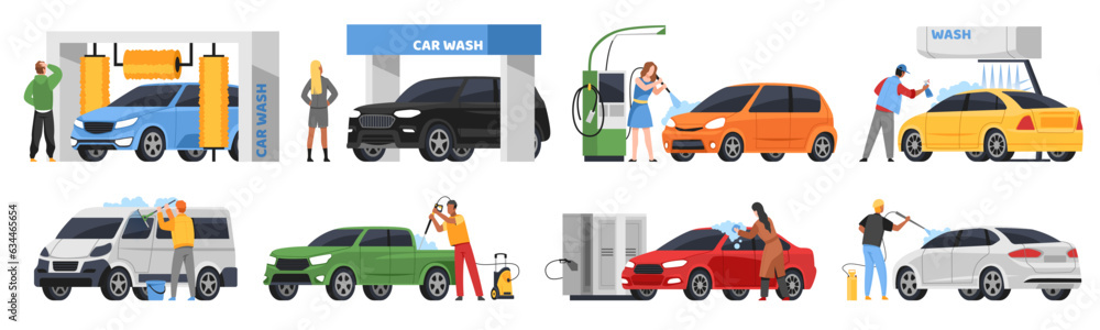 People in self car wash service. Cartoon persons clean, dry and vacuum brushing, pour foam on vehicles, drivers care about cleanliness, automatic automobile wash, tidy vector set