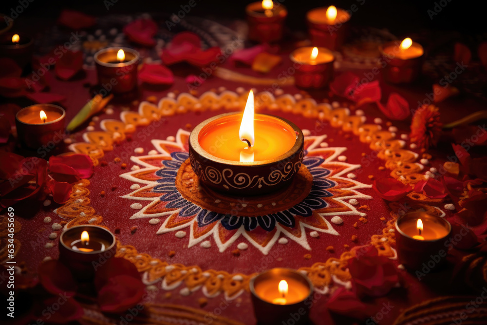 Lamps lit during diwali celebration. Lighting candles in rangoli patterns. AI generated Lamps lit during diwali celebration. Lighting candles in rangoli patterns. AI generated
