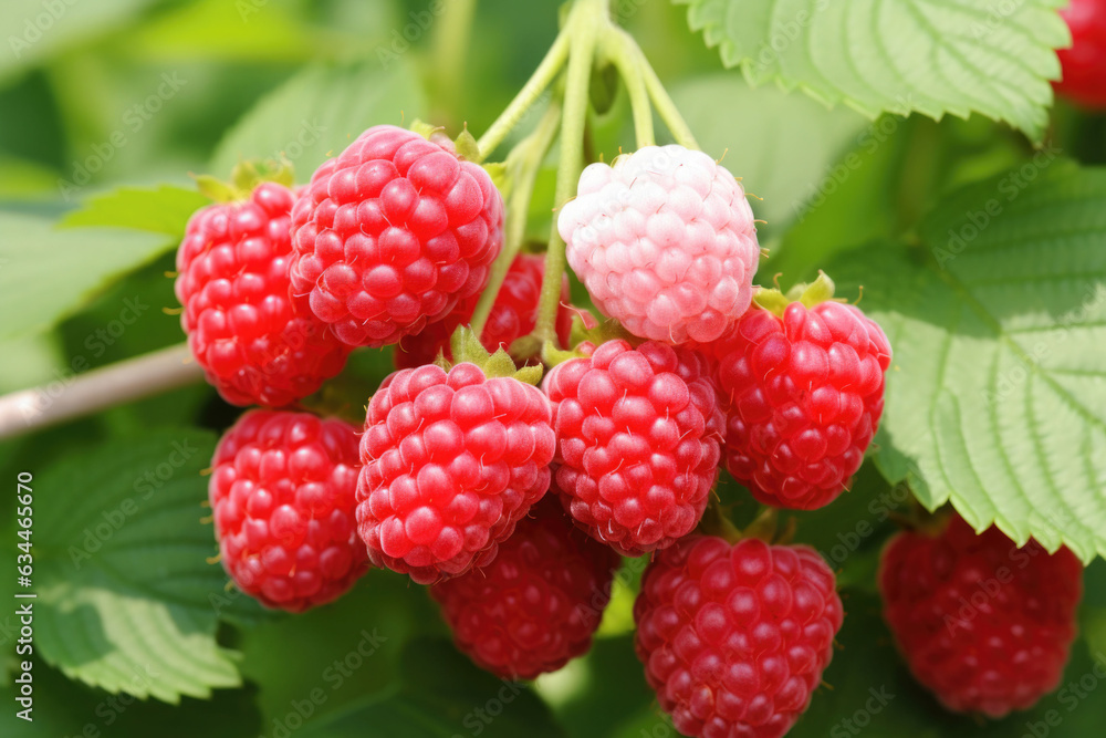 Branch of ripe raspberries in a garden on blurred background. Growing sweet berries. Generative AI Branch of ripe raspberries in a garden on blurred background. Growing sweet berries. Generative AI